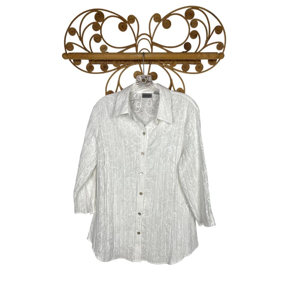 Chico's white embroidered cotton blend 3/4 sleeve button front shirt L